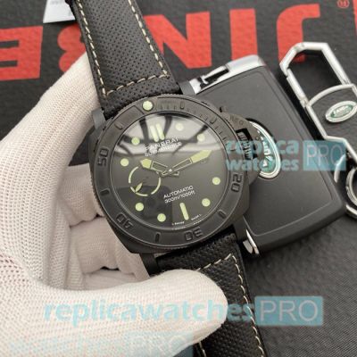Best Quality Copy Panerai Submersible Black Dial Black Leather Strap Men's Watch